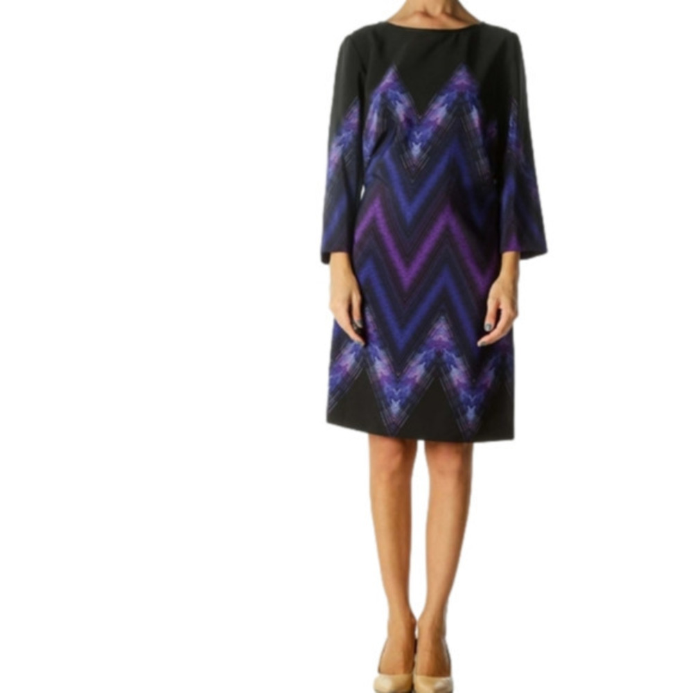 Tahari chevron purple and black long sleeve sheath dress size 10 medium